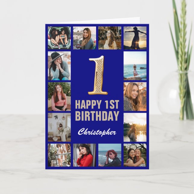 1st Happy Birthday Navy Blue & Gold Photo Collage Card (Front)