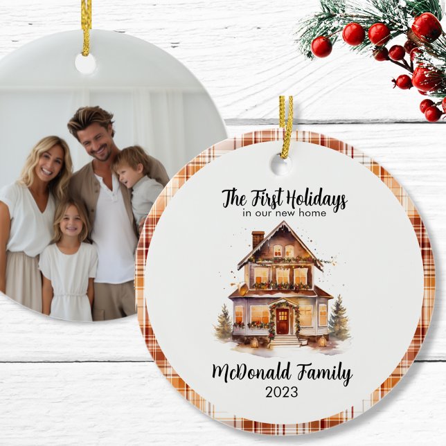 1st Holidays New House Orange Brown Gingham Boho Ceramic Ornament (1st_holidays_new_home_orange_brown_70s_retro_vibe_ceramic_ornament)