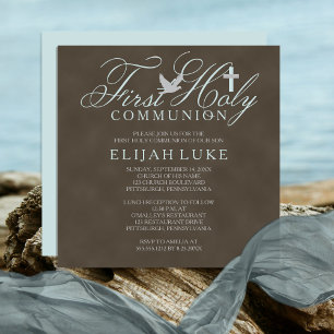 1st Holy Communion Boy Dove Cross Brown Distressed Invitation
