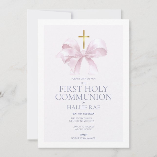 1st Holy Communion Invitation, Modern Pink Bow Invitation (Front)