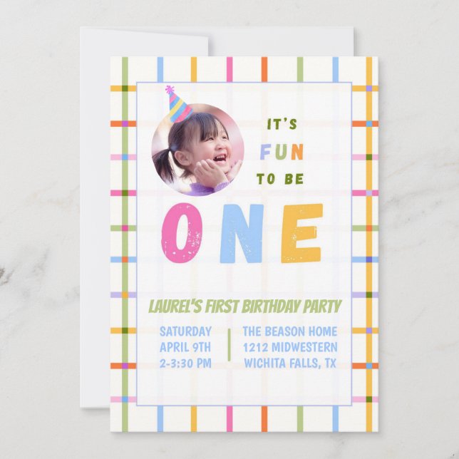 1ST- IT'S FUN TO BE ONE FIRST BIRTHDAY INVITATION  (Front)
