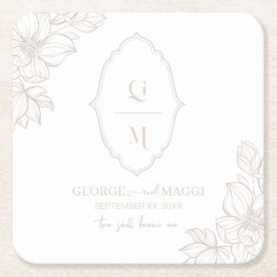 1st Letters Bride, Groom With Magnolia Line Art Square Paper Coaster