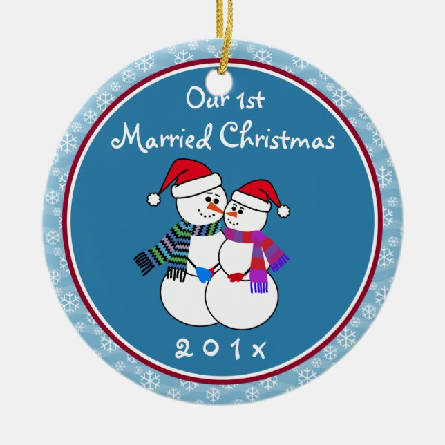 1st Married Christmas Fun Snow Couple Christmas Ceramic Tree Decoration (Front)