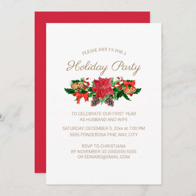 1st Married Christmas Holiday Party Red Poinsettia Invitation (Front/Back)