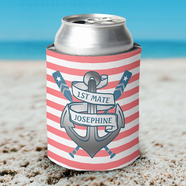 1st Mate Anchor Nautical Oars Stripes Personalised Can Cooler (Creator Uploaded)