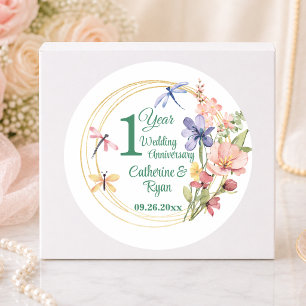 1st Paper Wedding Anniversary Gold Frame Floral Classic Round Sticker