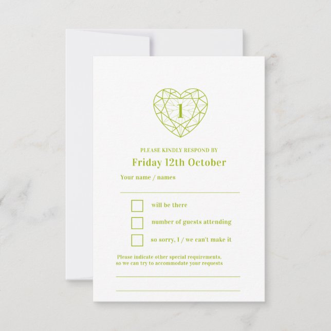 1st peridot green heart anniversary reply RSVP Card (Front)