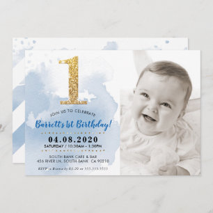 1ST PHOTO BIRTHDAY PARTY INVITE gold glitter blue
