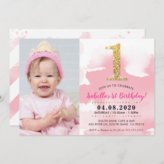 1ST PHOTO BIRTHDAY PARTY INVITE gold glitter pink (Front/Back)