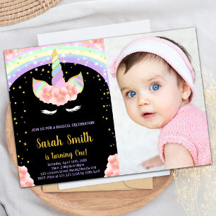 1st Pink Unicorn Birthday Invitations with photo