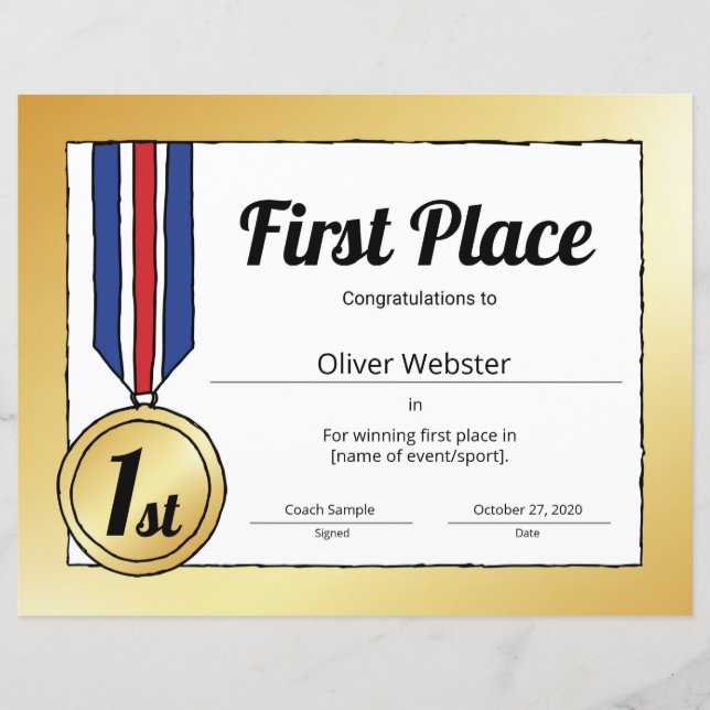 1st Place Certificate Sports Certificate (Front)