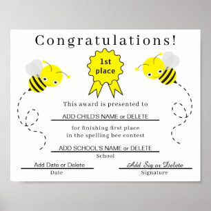1st Place Spelling Bee Certificate for Kids Poster