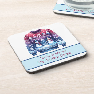 1st Place Winner Ugly Sweater Blue Red Purple Coaster