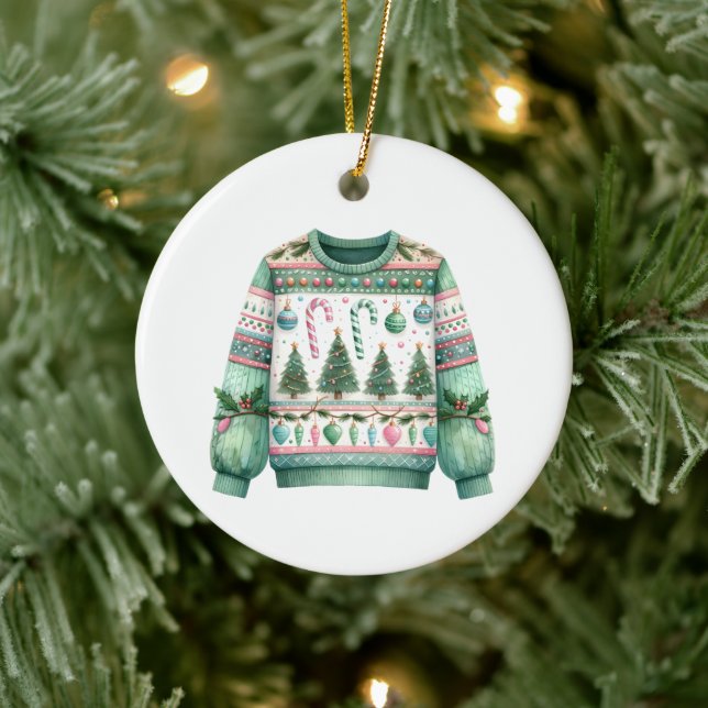 1st Place Winner Ugly Sweater Contest Green Pink Ceramic Ornament (Tree)
