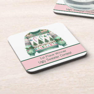 1st Place Winner Ugly Sweater Contest Green Pink Coaster