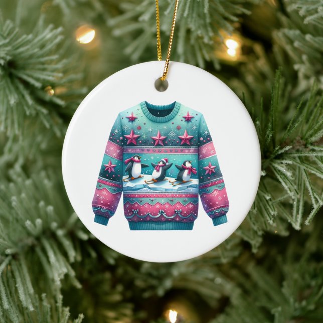 1st Place Winner Ugly Sweater Contest Pink Teal Ceramic Ornament (Tree)