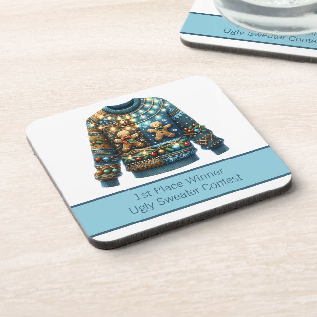 1st Place Winner Ugly Sweater Contest Tree Lights Coaster (Left Side)