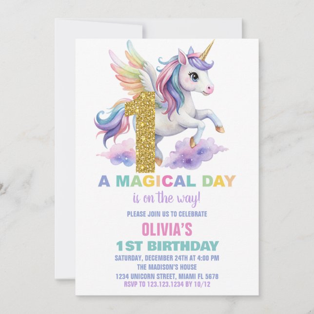 1st Rainbow Unicorn Birthday Invitations Fly (Front)