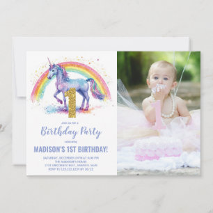 1st Rainbow Unicorn Birthday Invitations photo