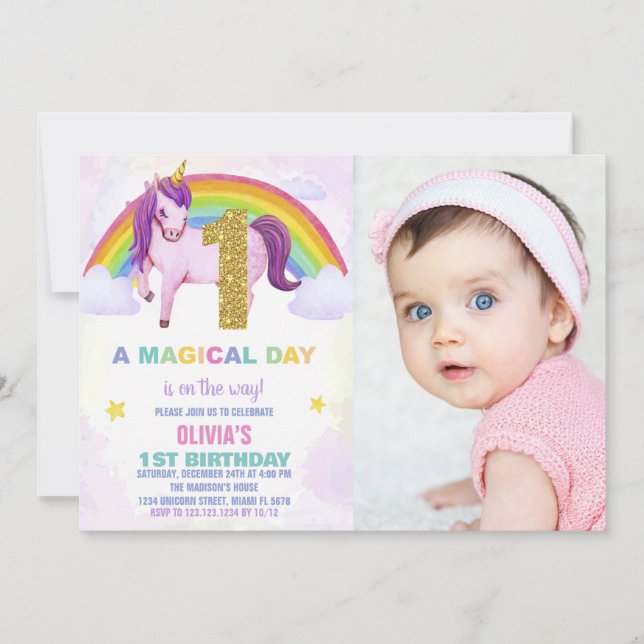 1st Rainbow Unicorn Birthday Invitations photo (Front)