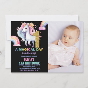 1st Rainbow Unicorn Birthday Invitations w photo