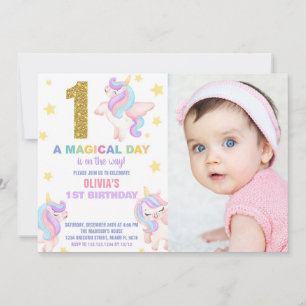 1st Rainbow Unicorn Birthday Invitations w photo