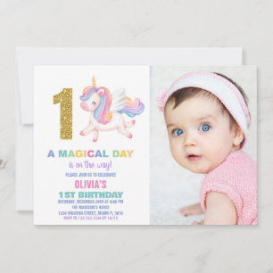 1st Rainbow Unicorn Birthday Invitations w photo