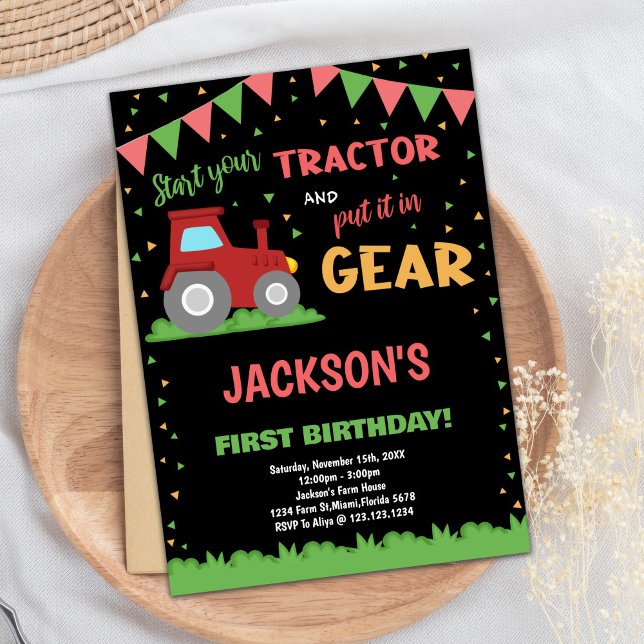 1st Red Flags Tractor Birthday Invitations (1st Red Flags Tractor Birthday Invitations)