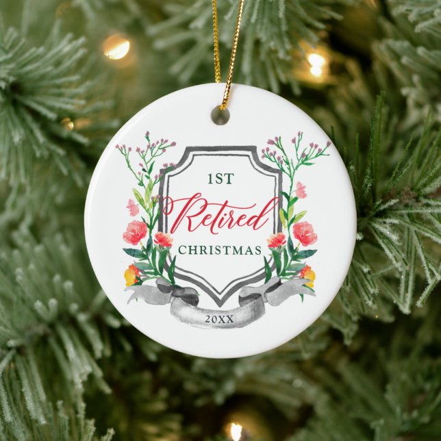 1st Retired Christmas Personalised Floral Greenery Ceramic Ornament (Tree)