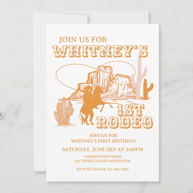  1st Rodeo, First Rodeo Birthday, Cowgirl Birthday Invitation (Front)