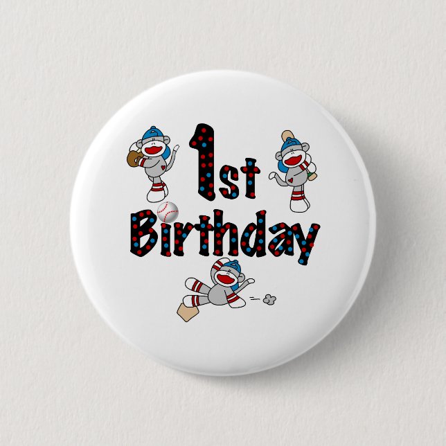 1st Sock Monkey Baseball Birthday 6 Cm Round Badge (Front)