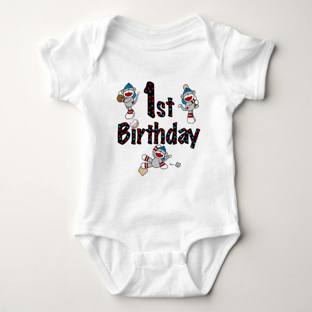 1st Sock Monkey Baseball Birthday Baby Bodysuit (Front)