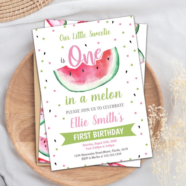 1st Summer Girl Party Card (One Watermelon Birthday Invitations)