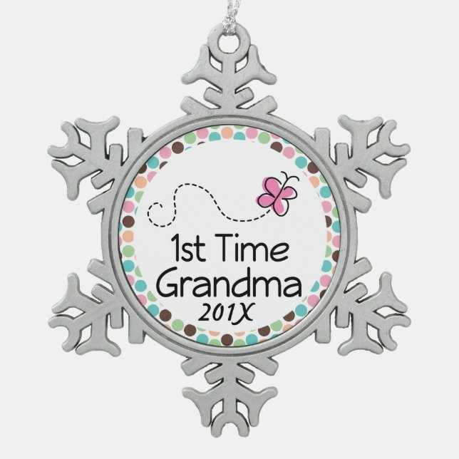 1st Time Grandma personalised gift Snowflake Pewter Christmas Ornament (Front)