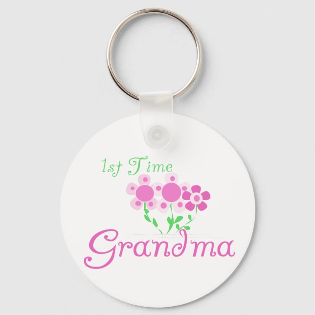 1st  Time Grandma-Pink Flowers Key Ring (Front)