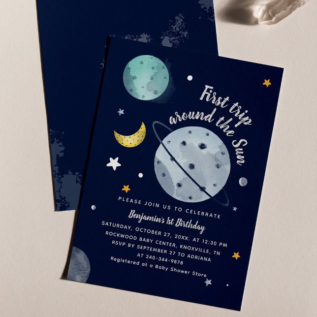 1st Trip Around Sun Outer Space Birthday Boy Party (Outer Space 1st Birthday Party Navy Blue Invitation)
