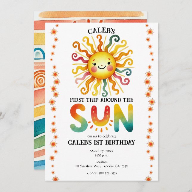 1st Trip Around the Sun Watercolor Birthday Party Invitation (Front/Back)