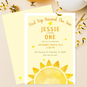 1st Trip Around The Sun Watercolor First Birthday Invitation