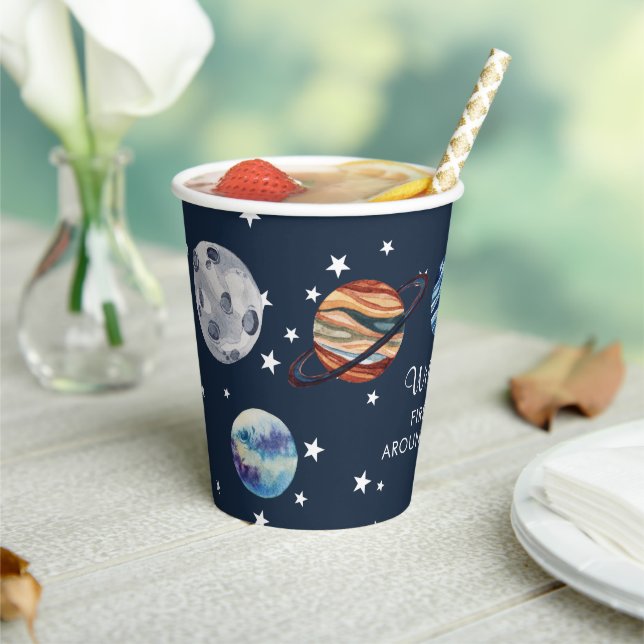 1st Trip Watercolor Outer Space Birthday  Paper Cups (Insitu)