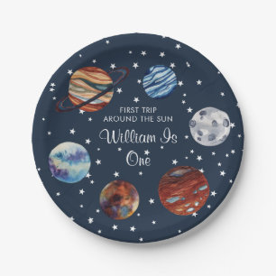 1st Trip Watercolor Outer Space Birthday  Paper Plate