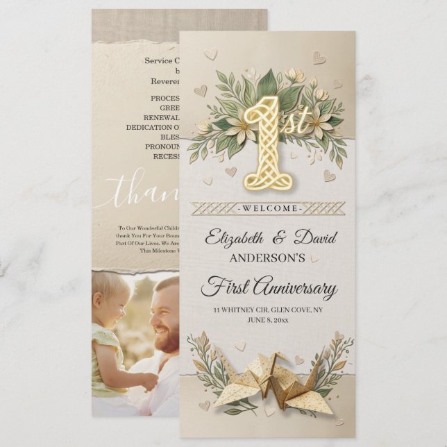 1st Wedding Anniversary Ceremony Paper Crane Photo Program (Front/Back)