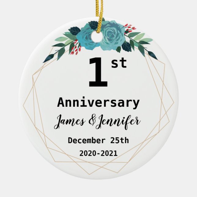 1st Wedding Anniversary Custom Names and Year  Ceramic Ornament (Front)