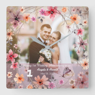 1st Wedding Anniversary Decorative Flowers Clock