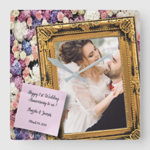 1st Wedding Anniversary Floral Old Wooden Frame Square Wall Clock