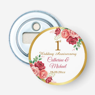 1st Wedding Anniversary Gold Frame Floral Bottle Opener