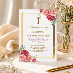 1st Wedding Anniversary Gold Frame Floral Invitation