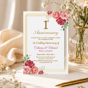 1st Wedding Anniversary Gold Frame Surprise Party Invitation