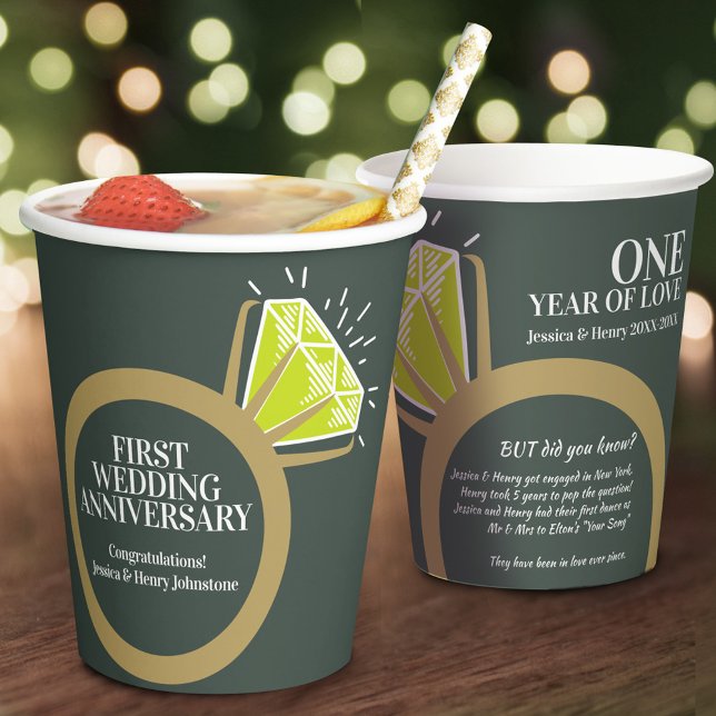 1st wedding anniversary green ring fun facts paper cups (Creator Uploaded)