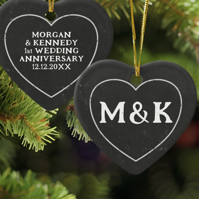 1st Wedding Anniversary Heart Ceramic Ornament (Celebrate your first wedding anniversary with this rustic ceramic ornament. Just add your details)