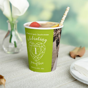 1st Wedding Anniversary outline heart photo green Paper Cups